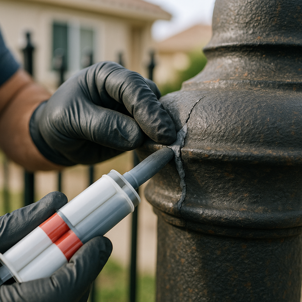 Applying sealant to a cracked metal gate post for repair
