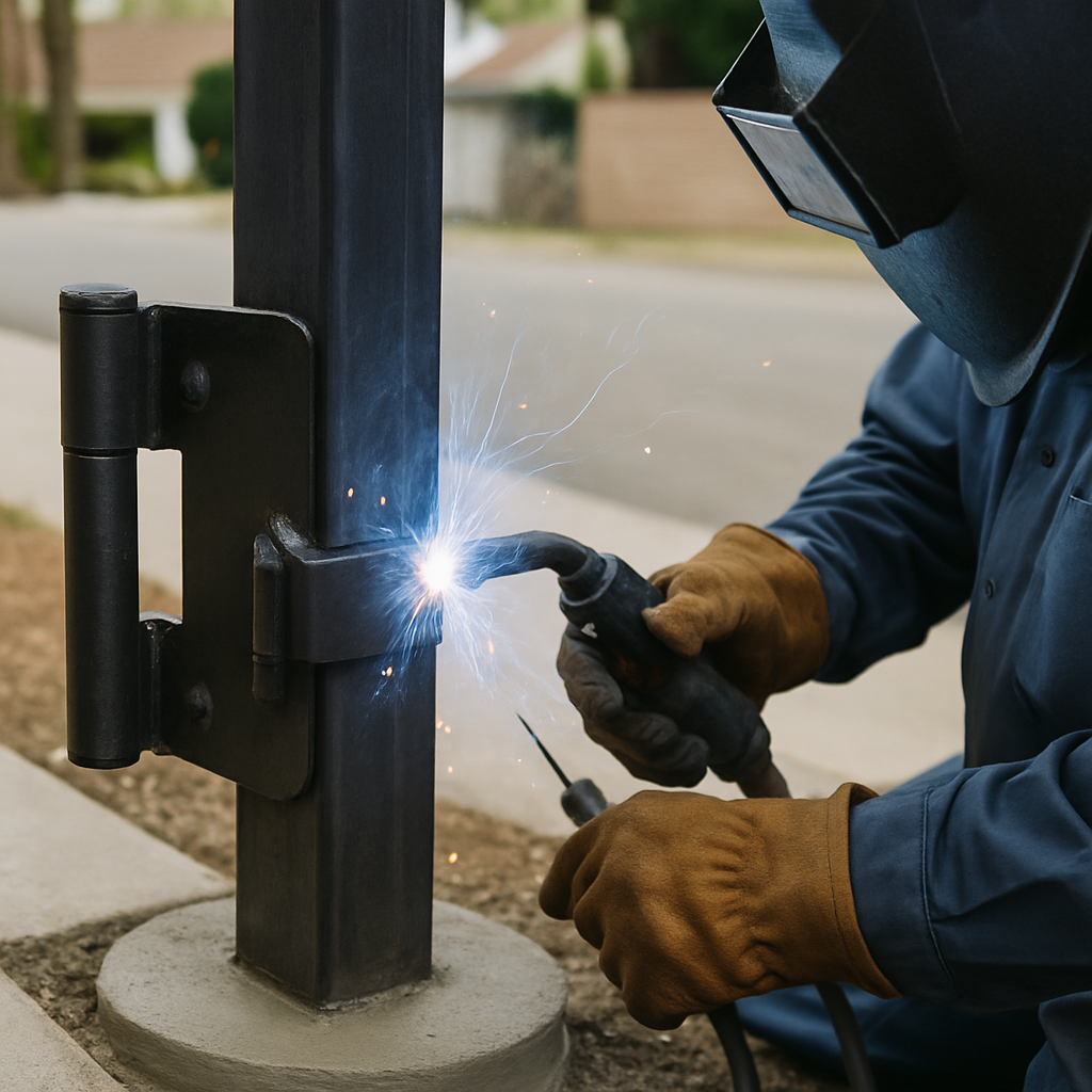 Welder performing gate installation by attaching hinge to metal post with sparks.