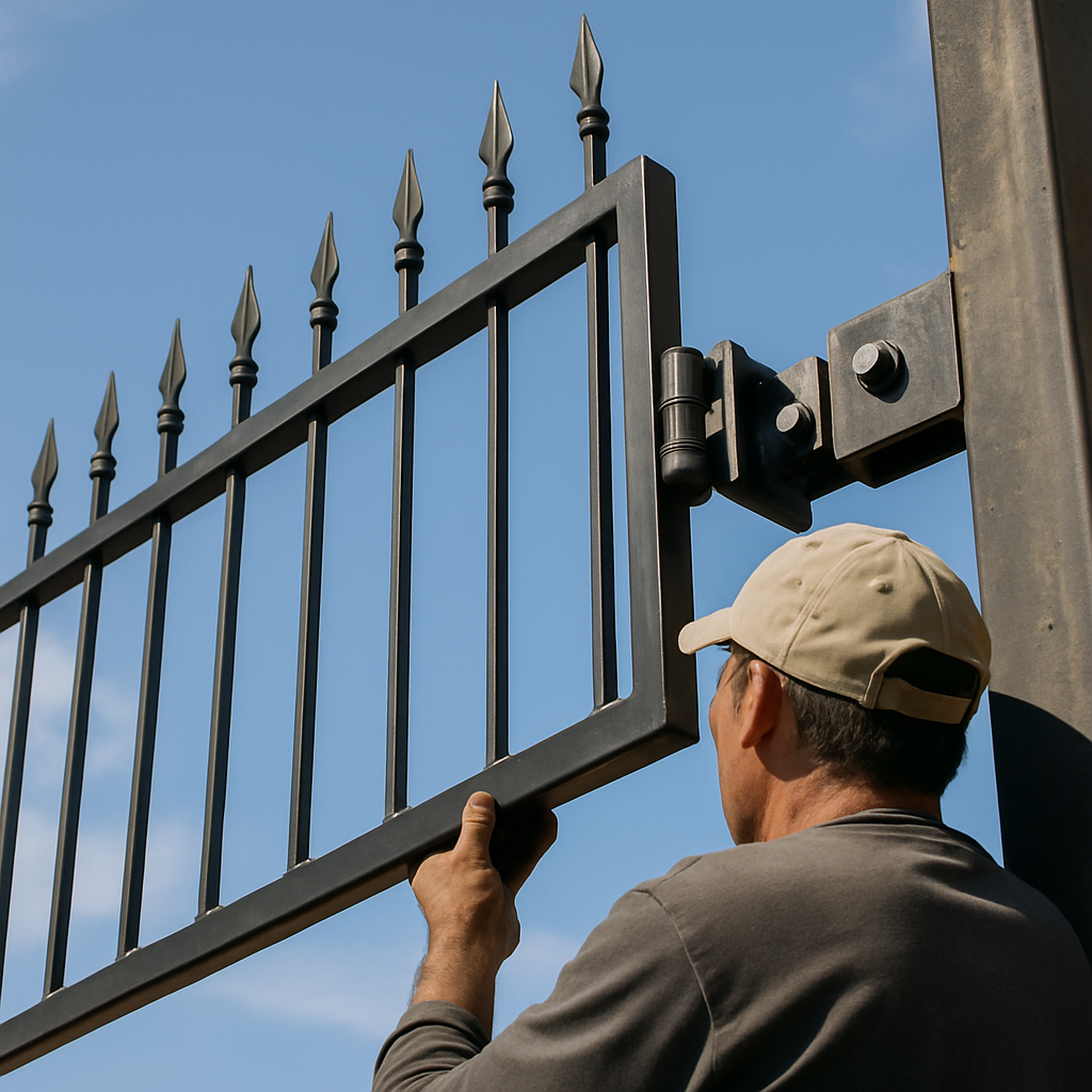 Man installing black metal gate with spearhead finials