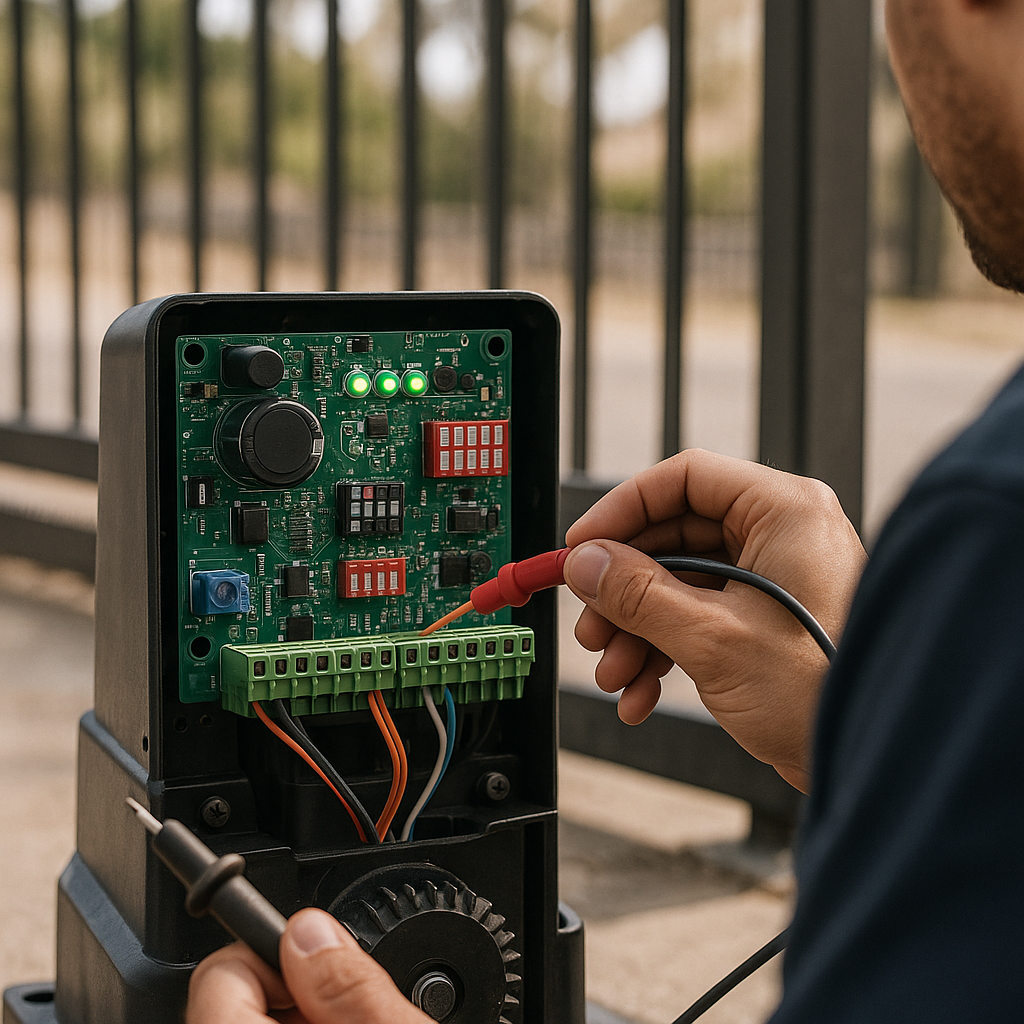 Gate motor and opener testing with multimeter by technician
