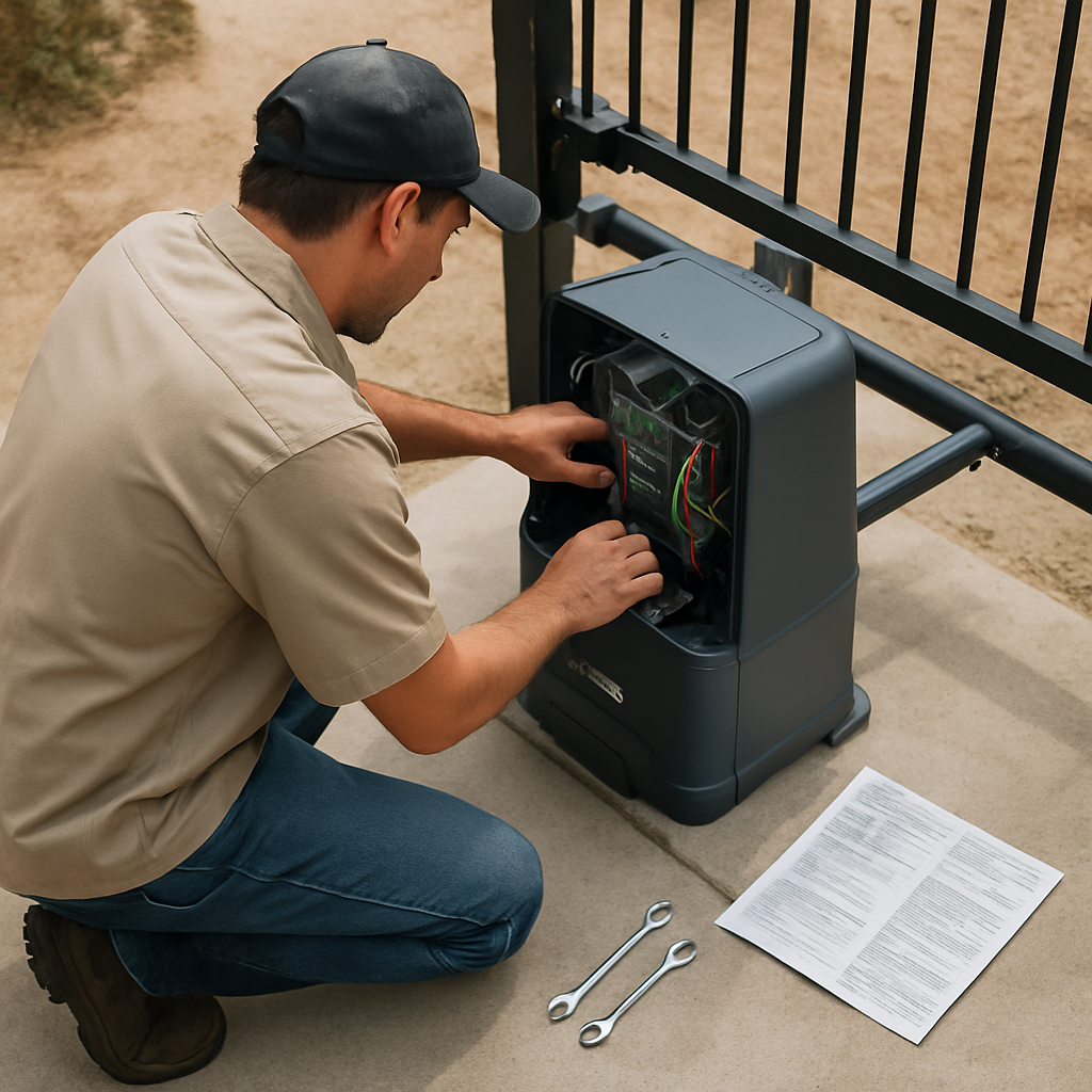 Gate motor and opener repair by technician with tools.